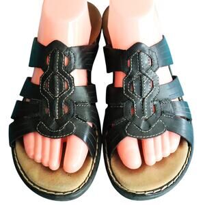 CLARKS Bendables Black Leather Slip on Sandals Slides Low Heel Wedge Woven 10
